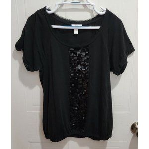 Ann Taylor Loft Women's Short Sleeve Elastic Waist Sequin Front Top Black Sz M